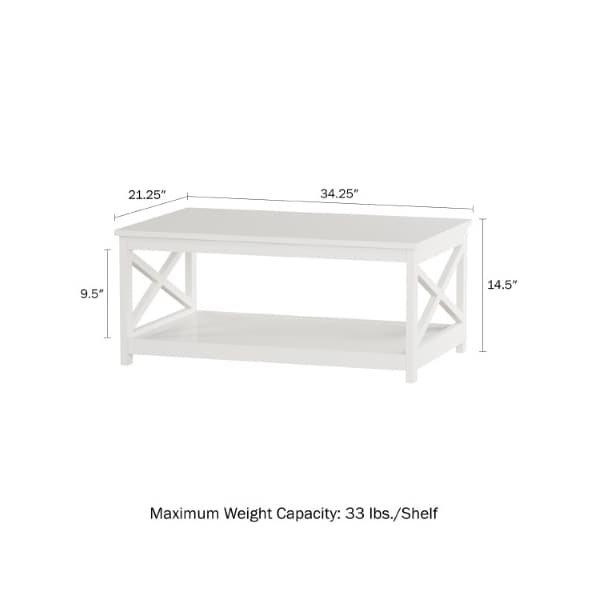 2-tier Coffee Table With White Wood, Low Profile And X-Leg Design Room Furniture, Storage, Display